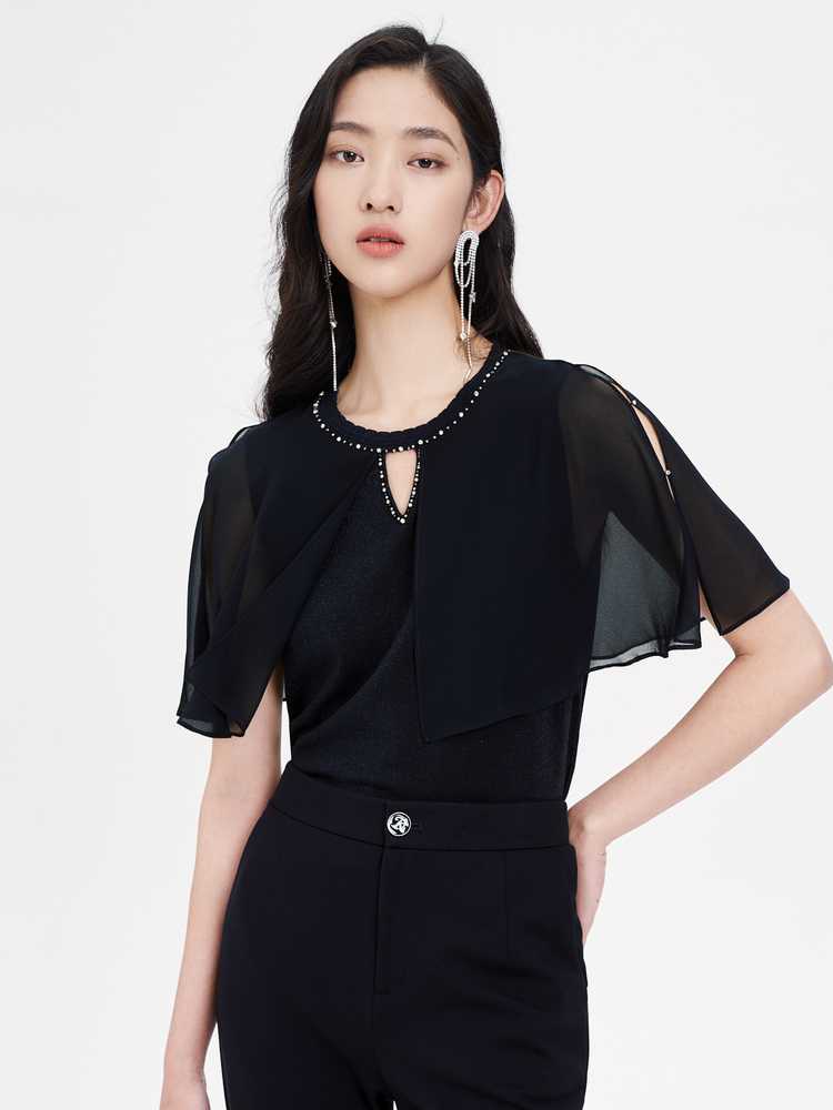 カットソー キラキラ装飾シフォン半袖カットソー