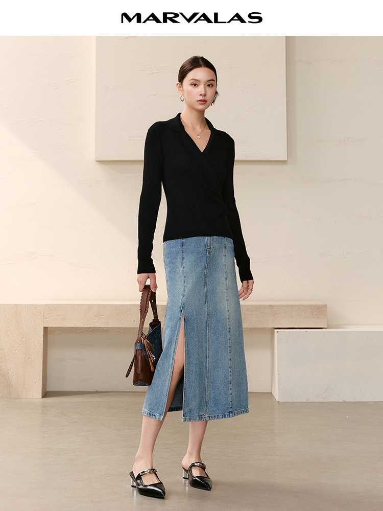 カットソー 襟付きリブ編みカシュクールニット