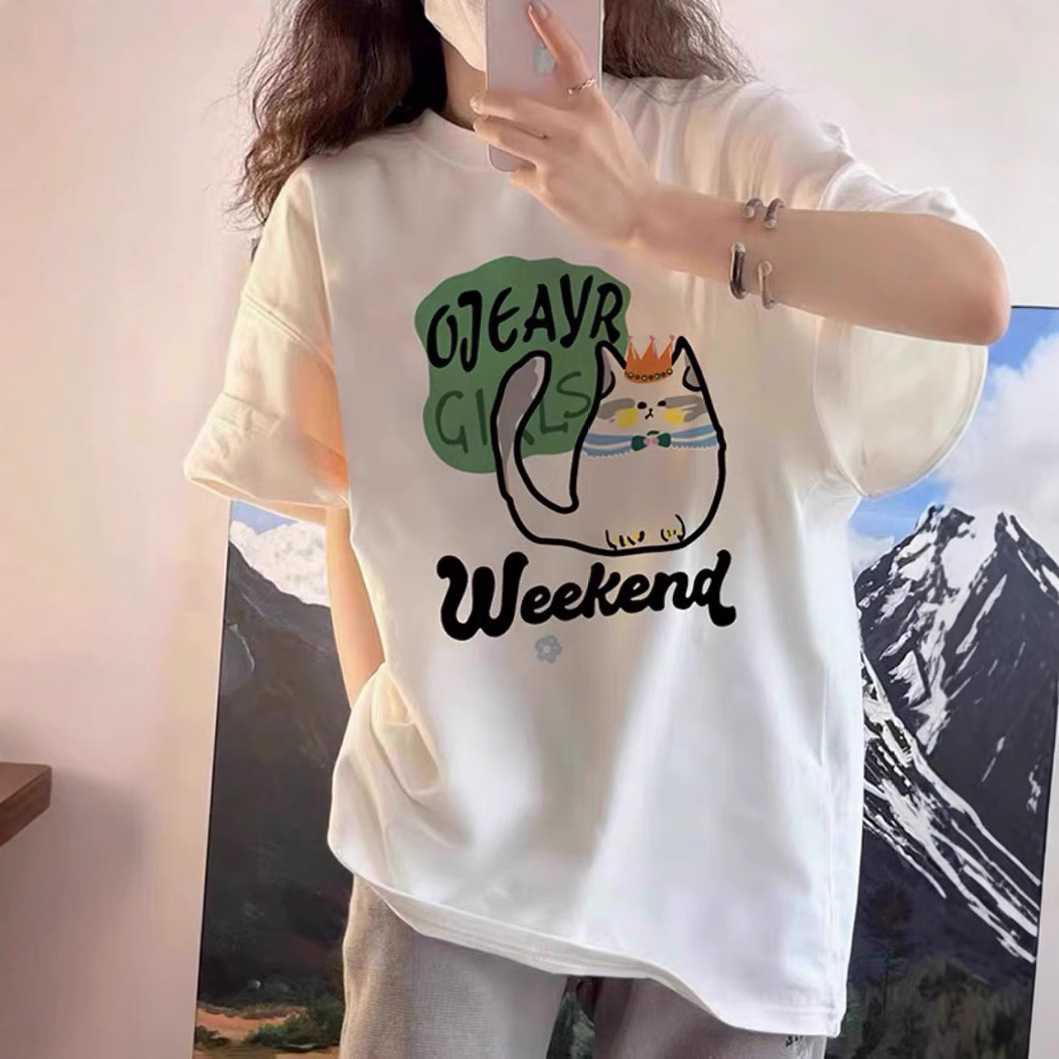 カットソー 猫の王様プリント半袖カットソー