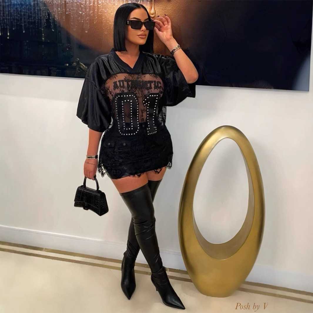 カットソー レース切替ナンバリング半袖カットソー