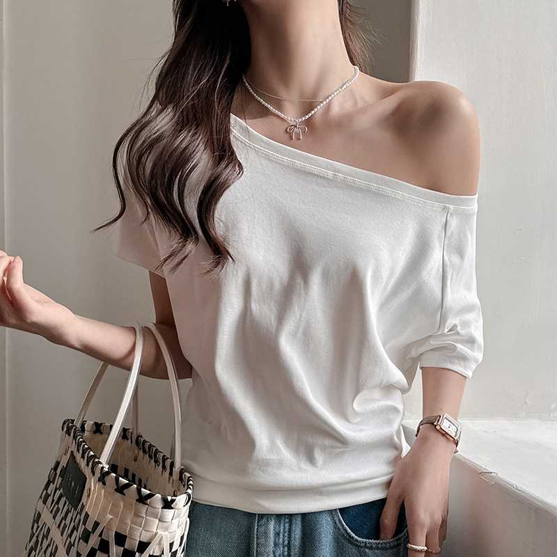 カットソー 洗練ワイドネック五分袖カットソー