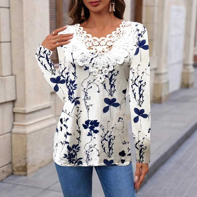 カットソー 花柄レース襟デザイン長袖カットソー