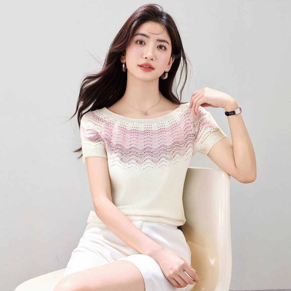 カットソー 透かし編み波模様ニットカットソー