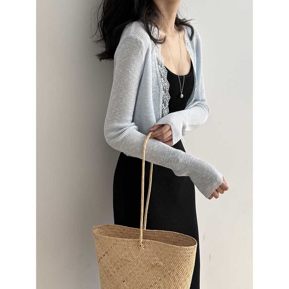 カットソー レース縁取りリブ編みボレロ