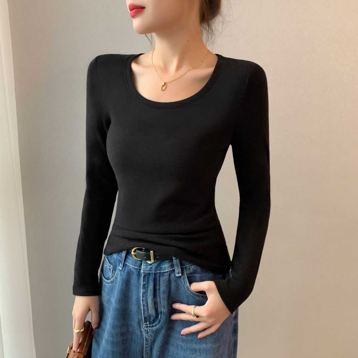 カットソー シンプル丸首フィット長袖トップス