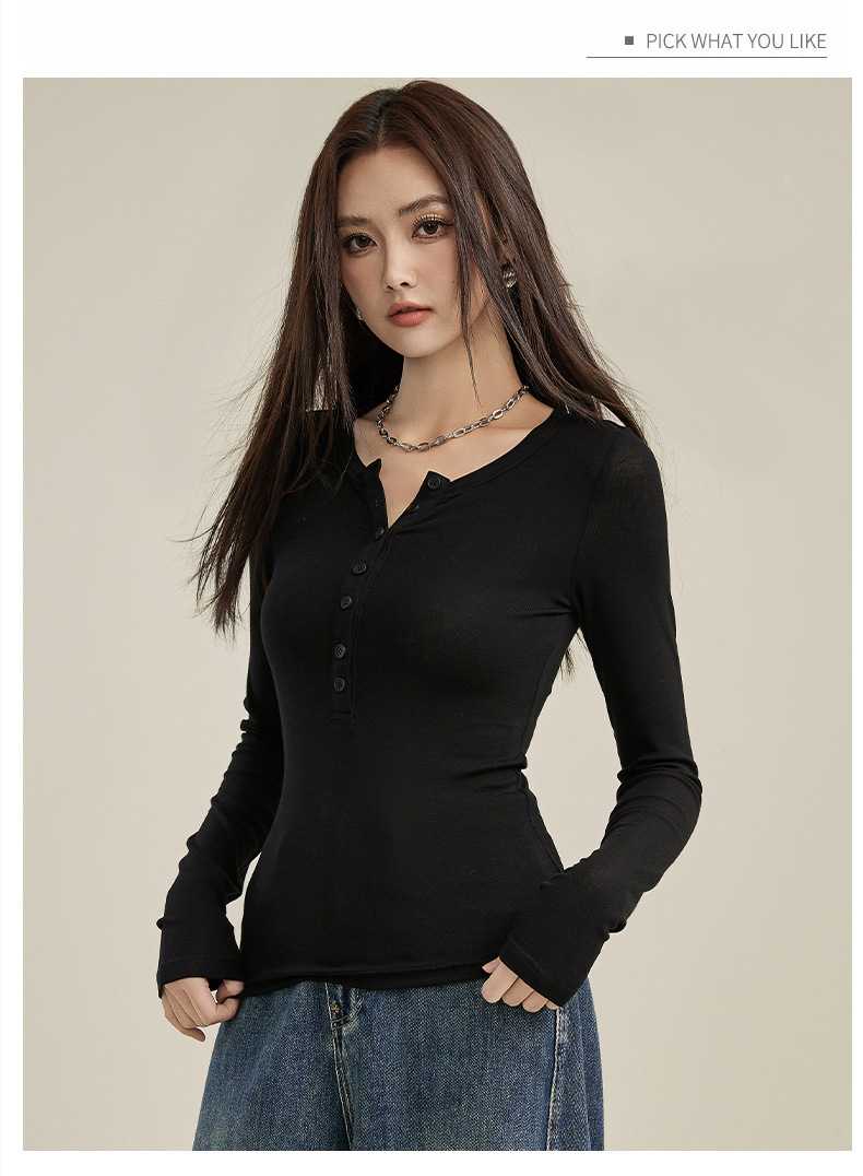 カットソー ヘンリーネック リブ編み長袖カット