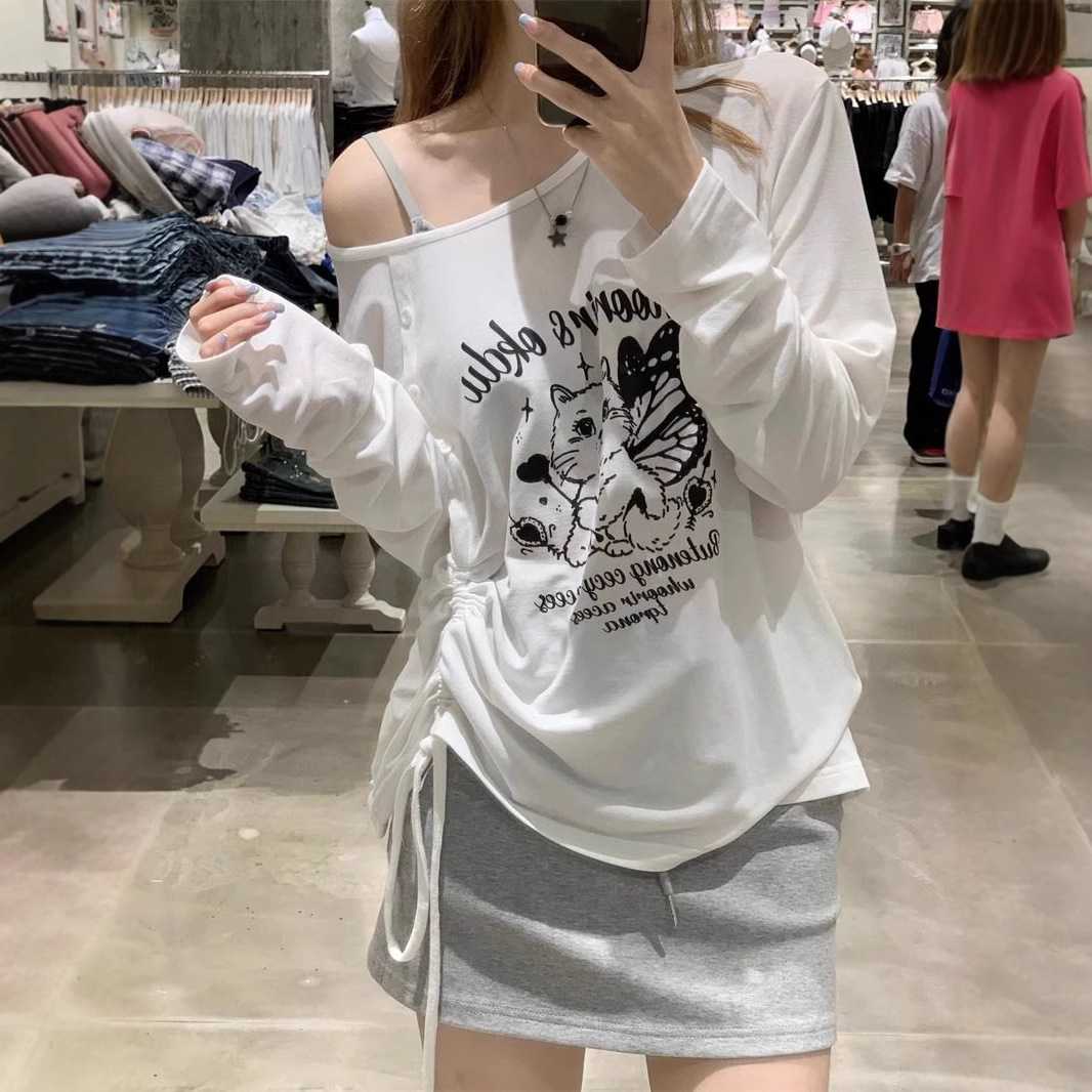 カットソー 猫と蝶のイラスト ボートネック カットソー