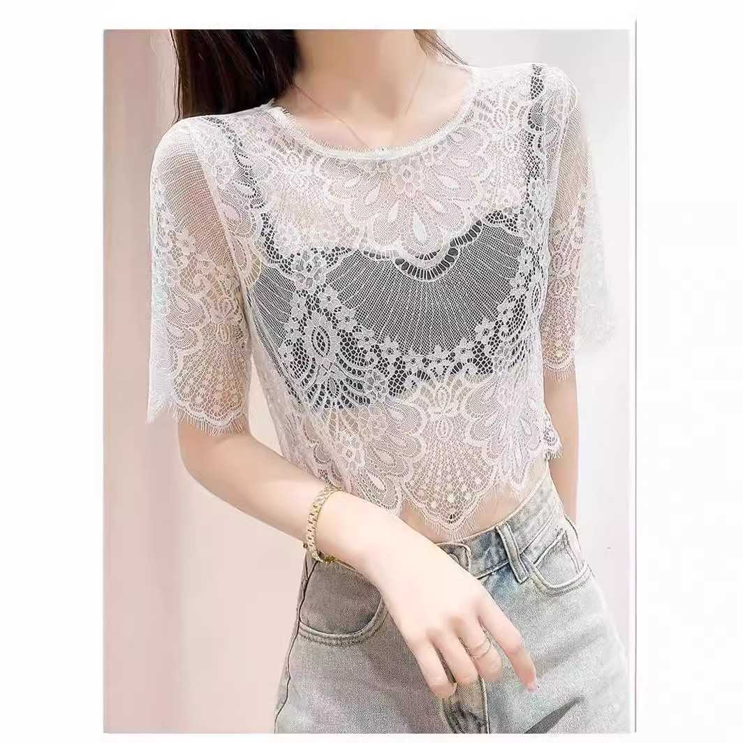 カットソー 花レース七分丈シースルーカットソー