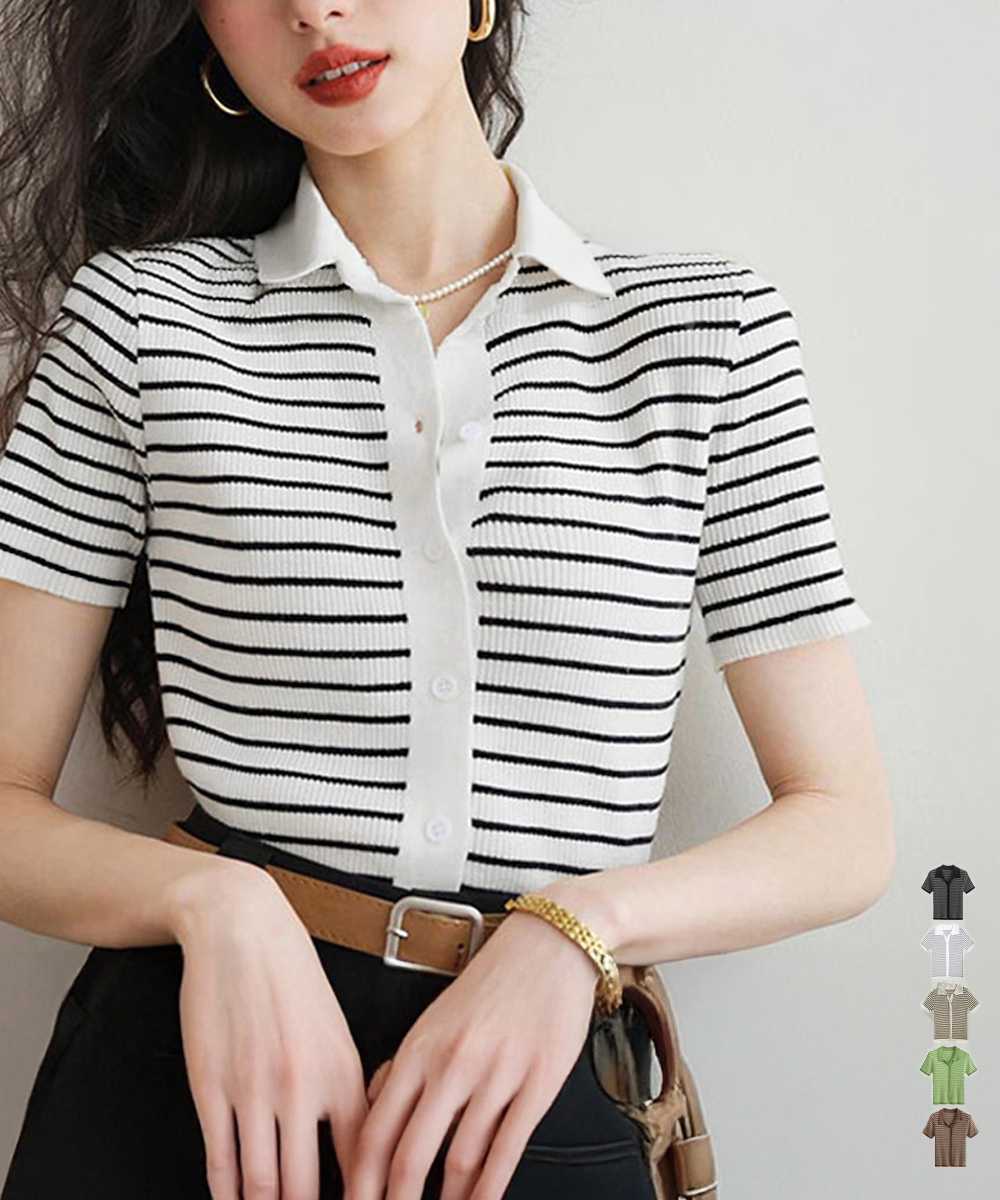 カットソー 上品ボーダー半袖ニットポロシャツ レディース