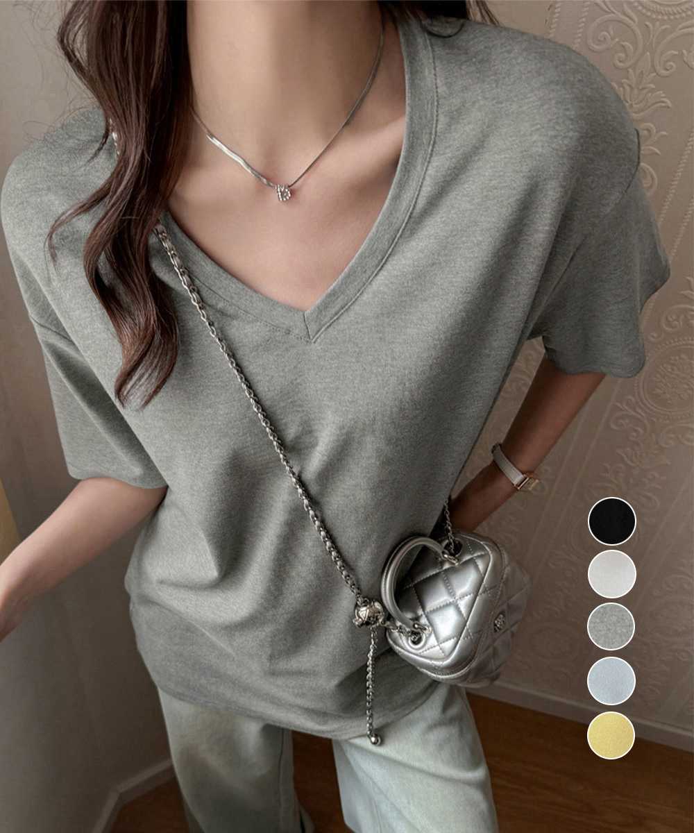 カットソー ゆったりVネック半袖Tシャツ レディース体型カバー