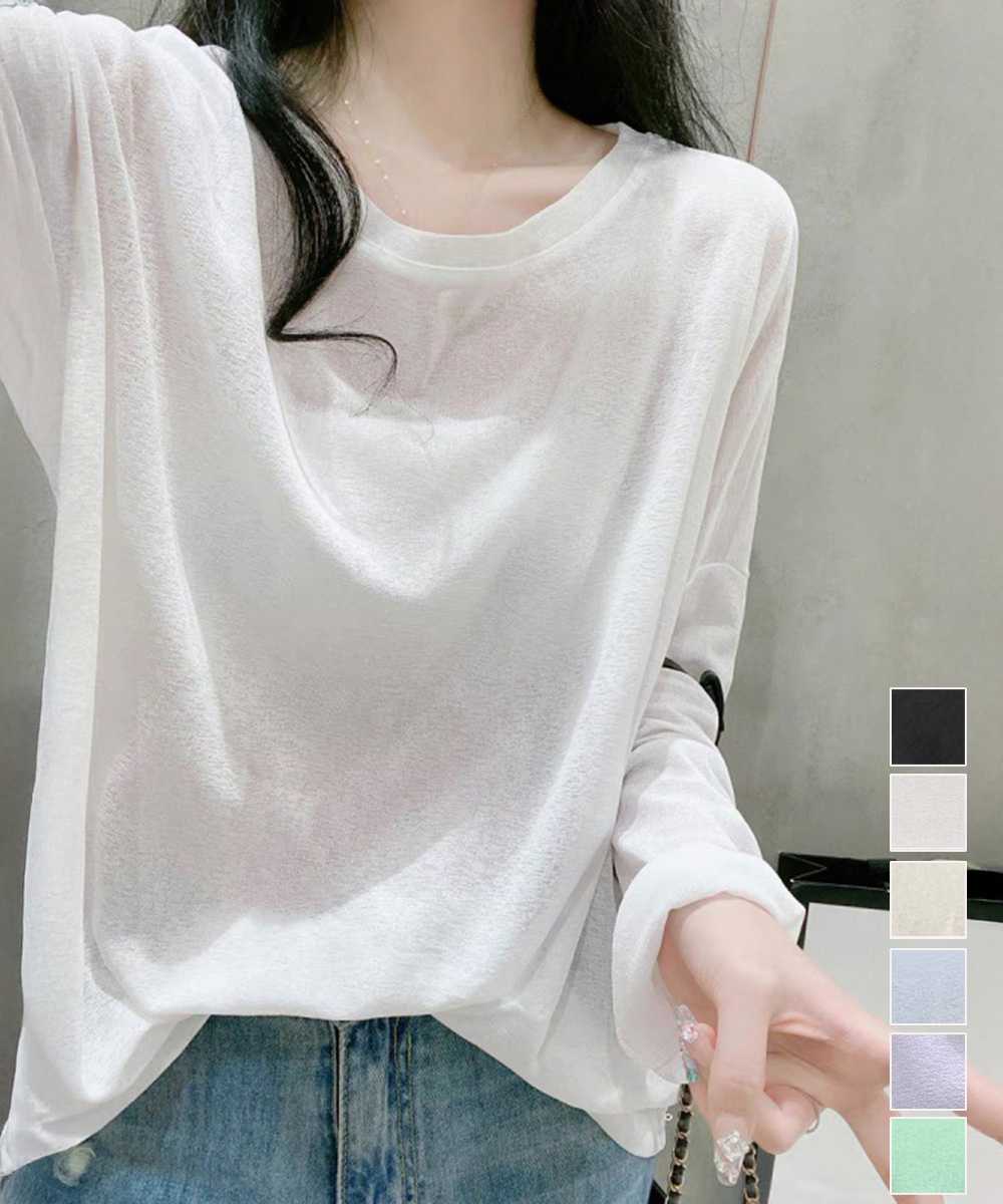 カットソー シアー素材 長袖クルーネックTシャツ 重ね着風