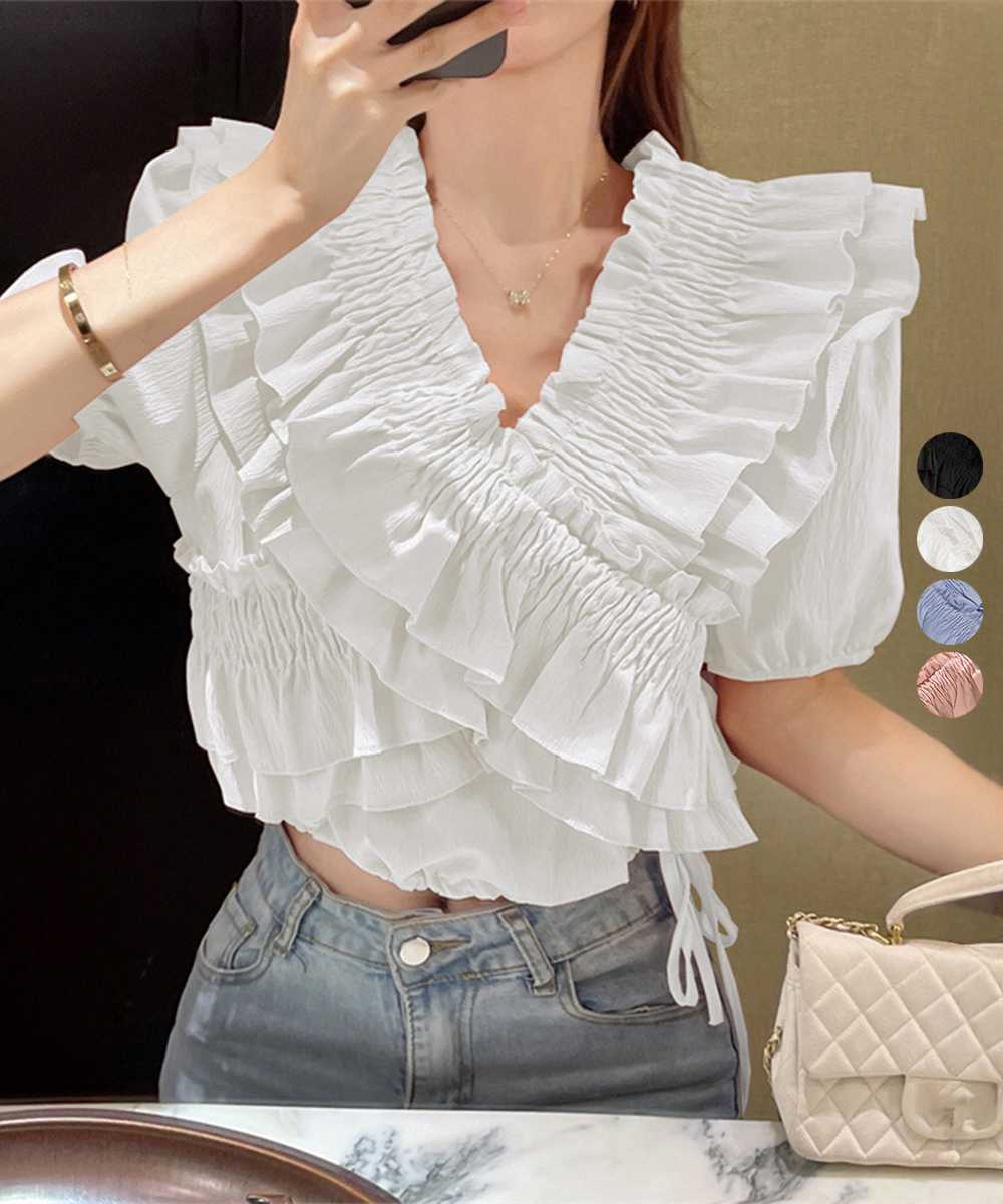 カットソー 華やかフリルVネックブラウス 半袖シャーリング