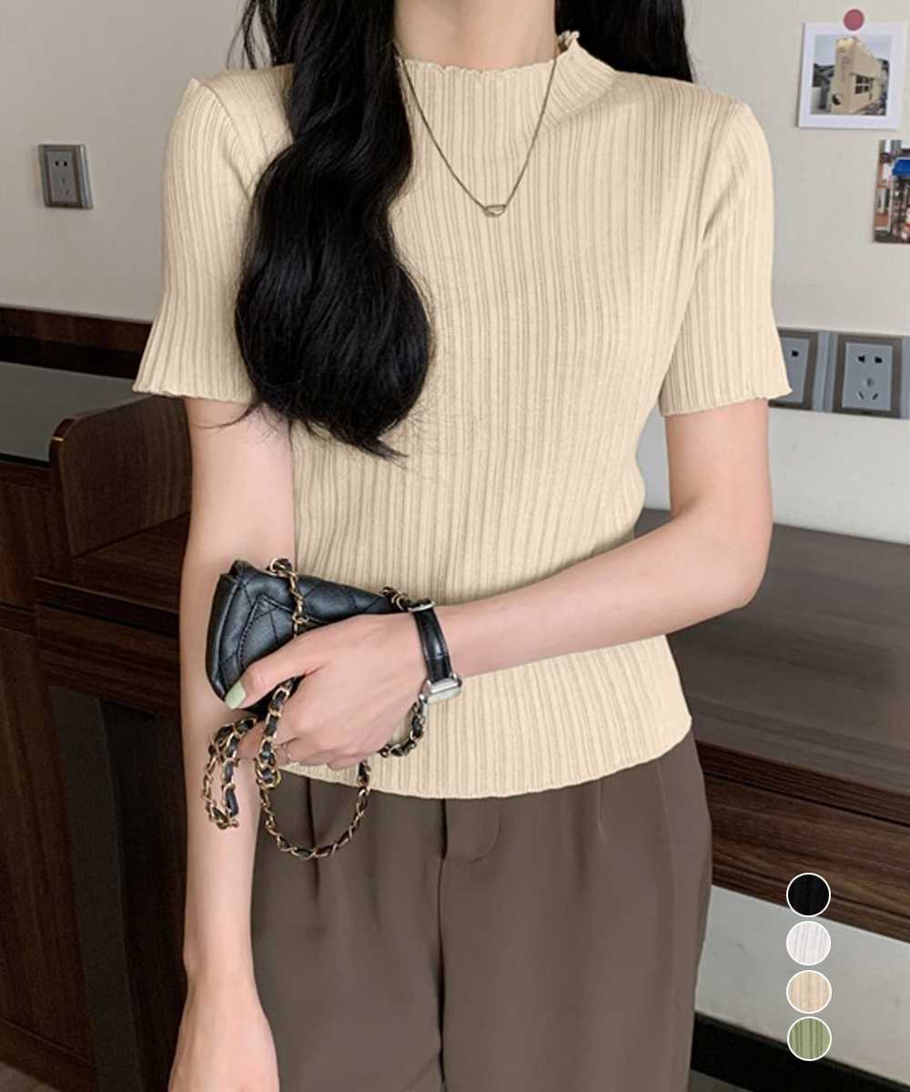 カットソー リブニット 半袖トップス 韓国風 着痩せ