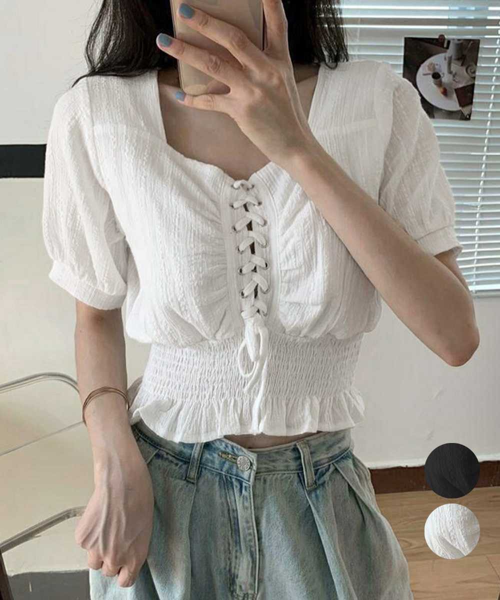 カットソー 編み上げ七分丈ブラウス ウエストシャーリング