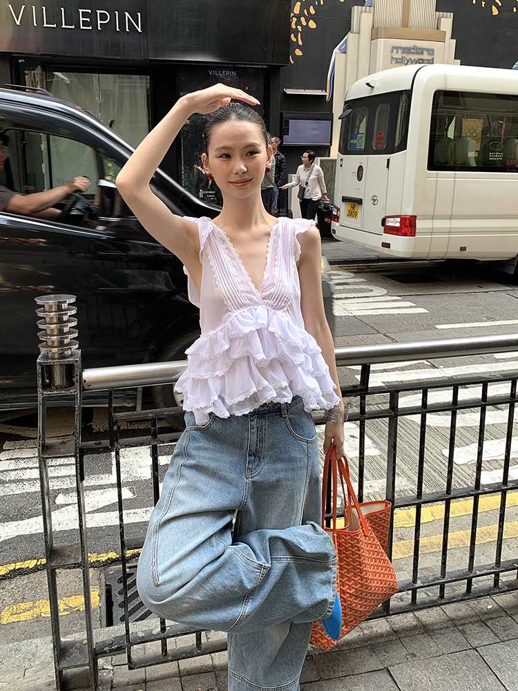 カットソー 韓国風 フリル重ね Vネック ノースリーブ 夏物トップス