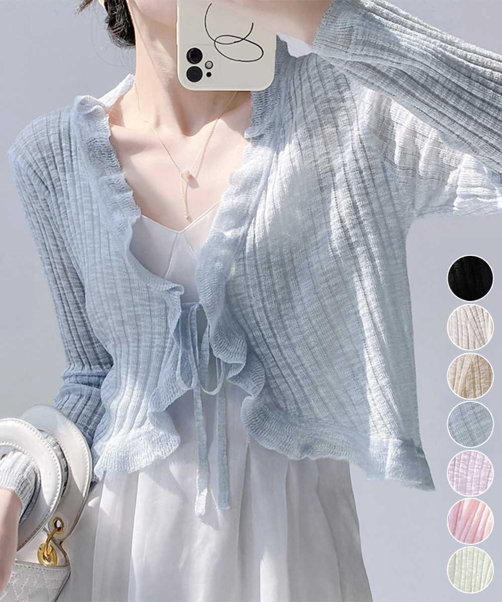 カットソー フリル付き七分丈シアーカーディガン 春夏