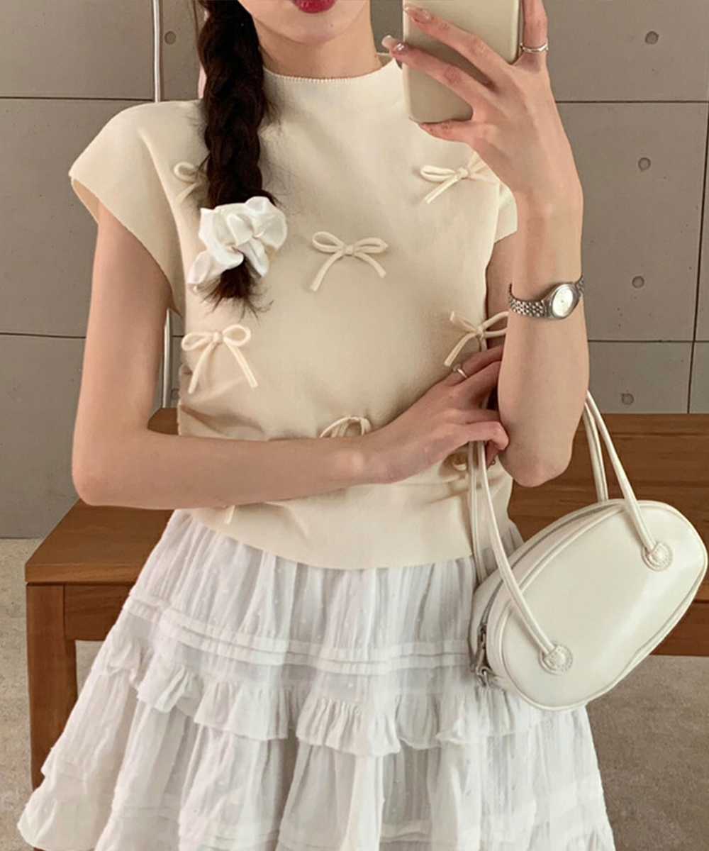 カットソー リボン飾り半袖リブニット プチハイネック