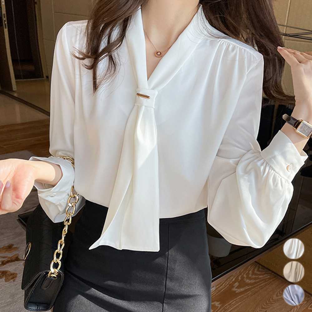 カットソー 上品リボンタイ Vネックブラウス