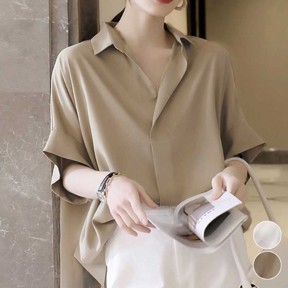 カットソー とろみ素材 Vネックスキッパーシャツ ブラウス