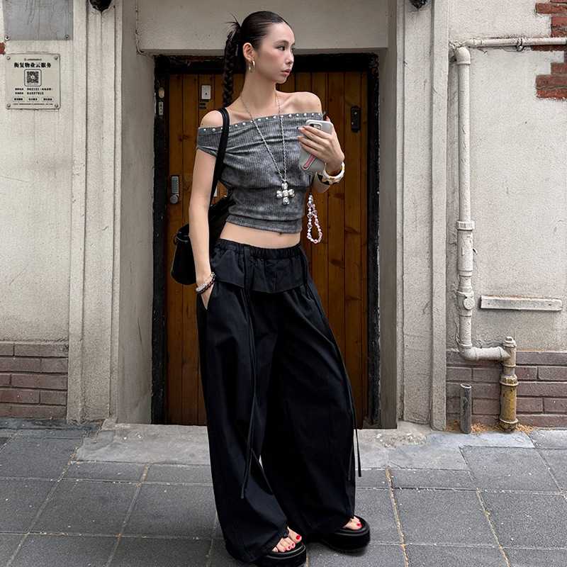 カットソー リブ編みボートネックショート丈