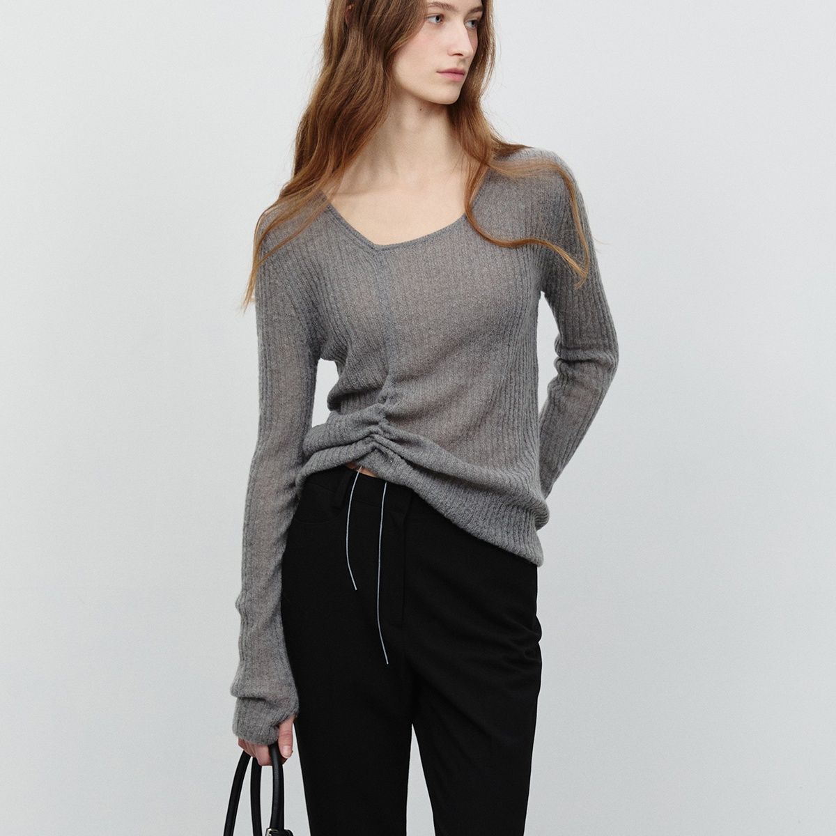 カットソー シャーリングデザイン 柔らか長袖カットソー