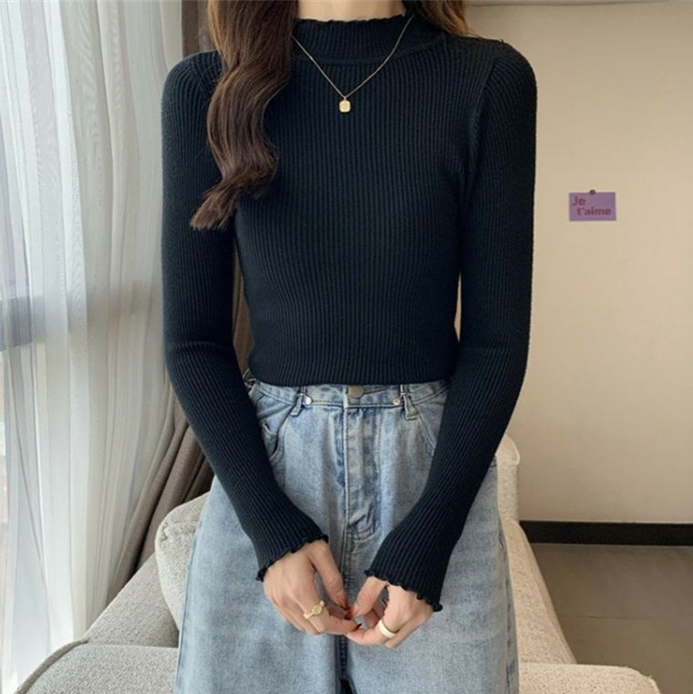 カットソー リブ編み袖口フリル モックネックカットソー