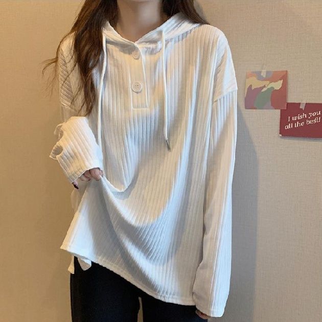 カットソー リブ編みフーディープルオーバー