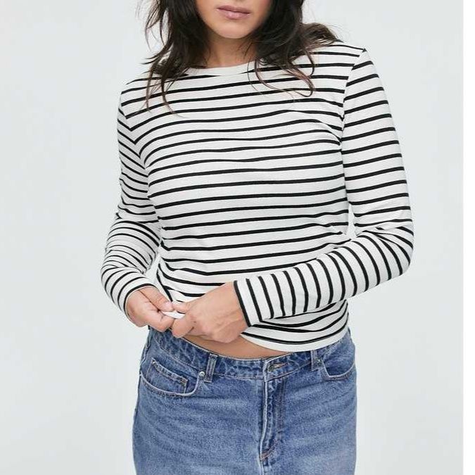 カットソー ボーダー柄リブ素材カットソー