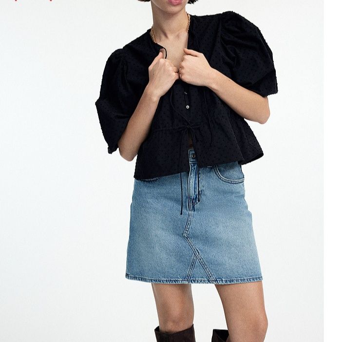 カットソー ドット刺繍パフスリーブカットソー