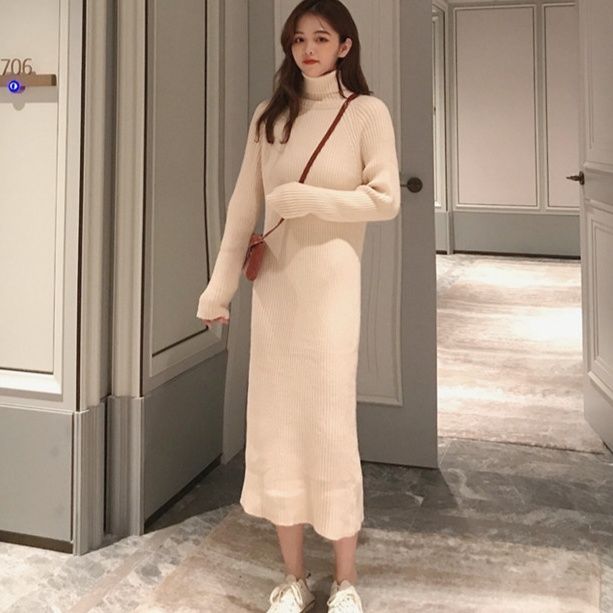 カットソー 冬の厚手タートルネック編み込みワンピース