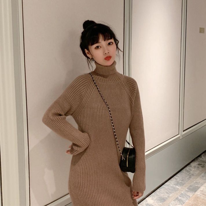 カットソー 冬の厚手タートルネック編み込みワンピース