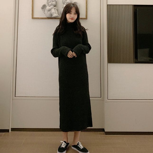 カットソー 冬の厚手タートルネック編み込みワンピース