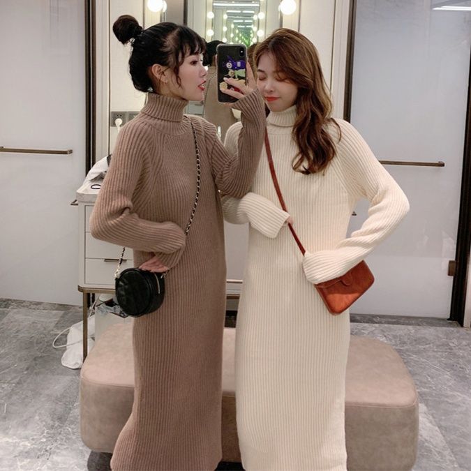 カットソー 冬の厚手タートルネック編み込みワンピース