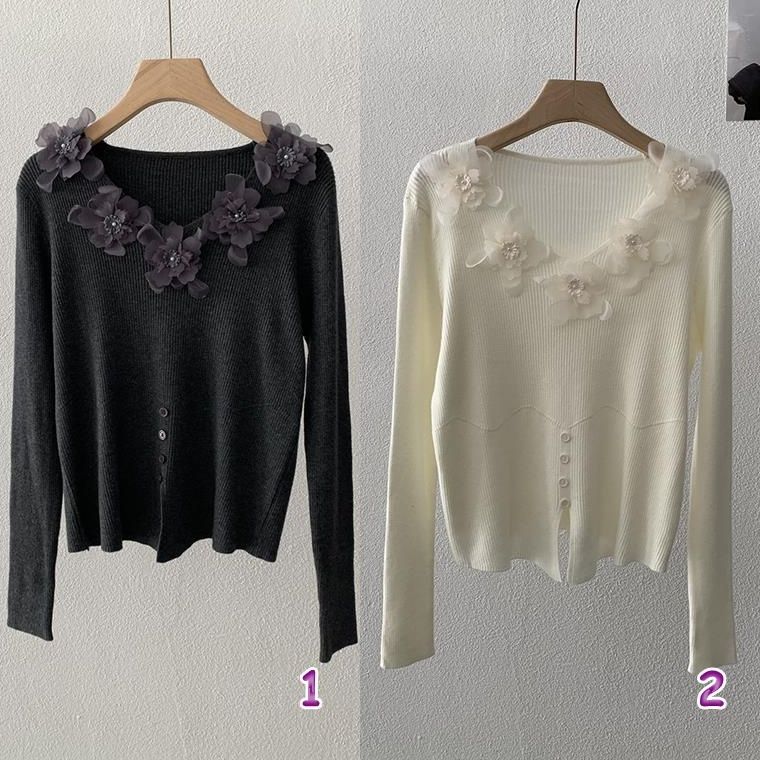 カットソー 花装飾長袖ニットセーター韓国風レディース２色