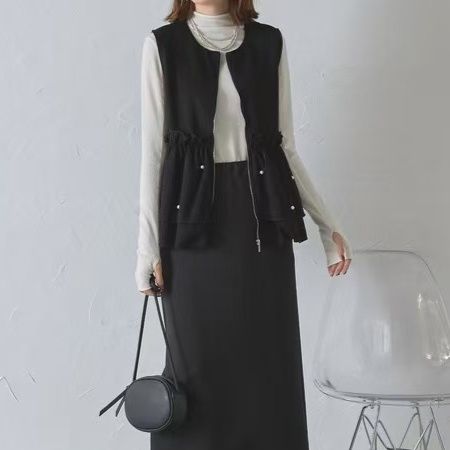 カットソー 新作ノースリーブ前開きベスト パール付き体型カバー羽織り