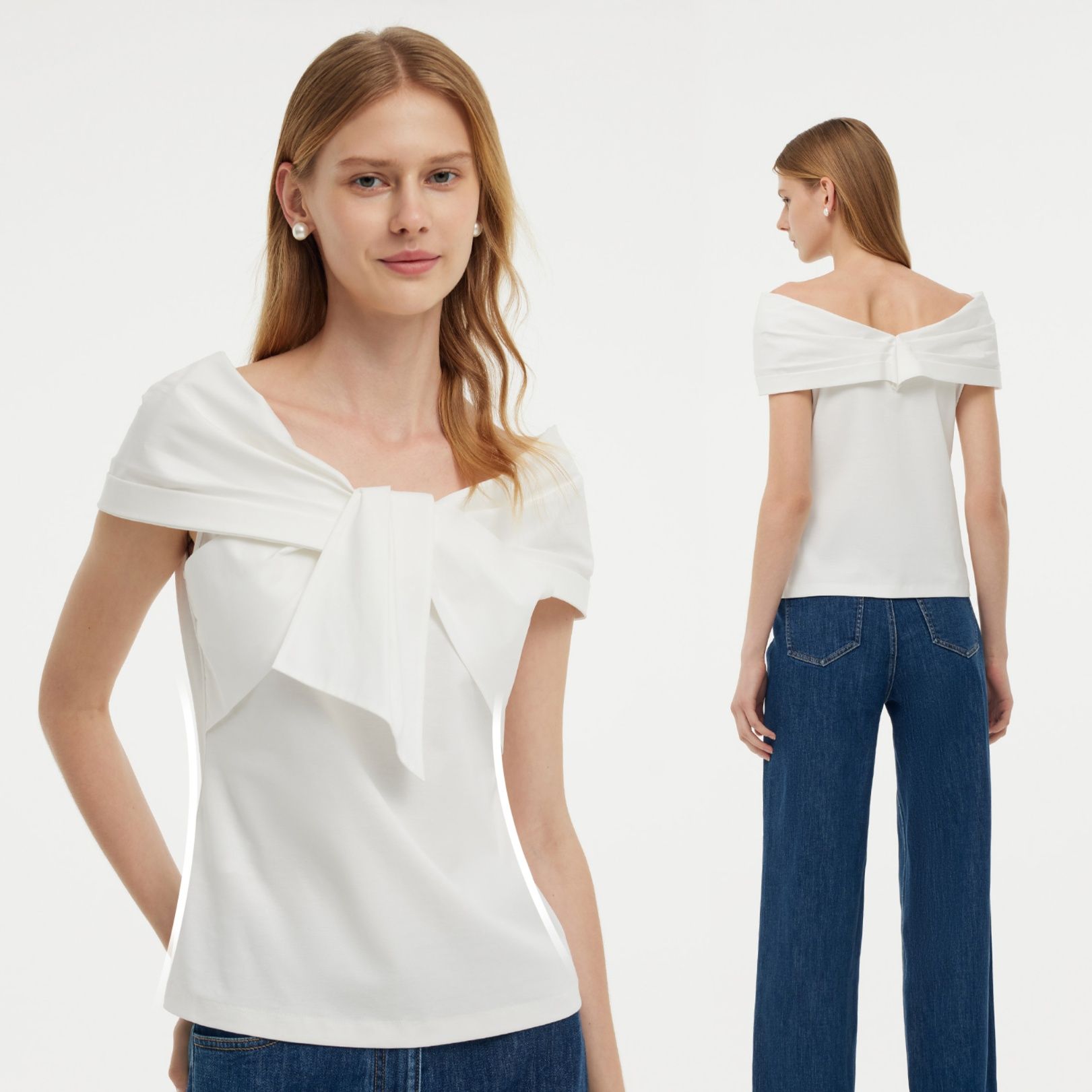 カットソー リボン飾り オフショルダー カットソー