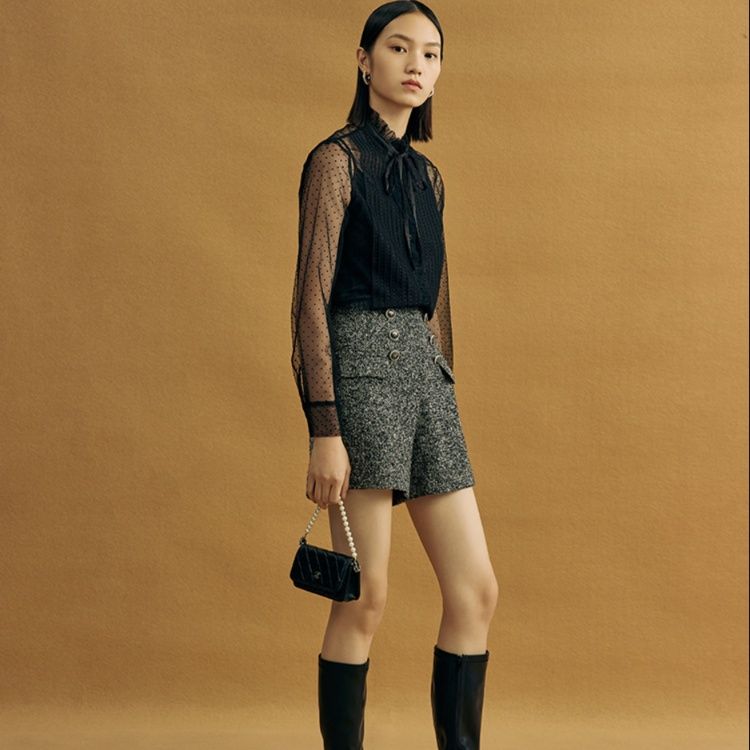 カットソー シアー水玉リボン付き長袖ブラウス