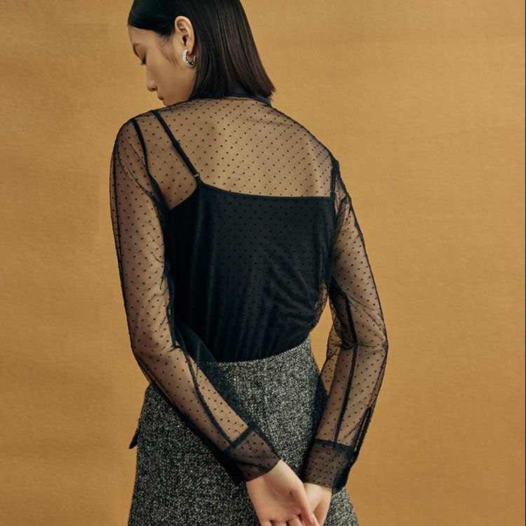 カットソー シアー水玉リボン付き長袖ブラウス