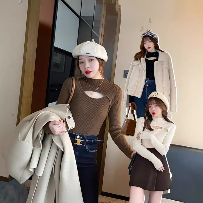 カットソー 新作レディースハイネックニット胸元開きデザインセーター