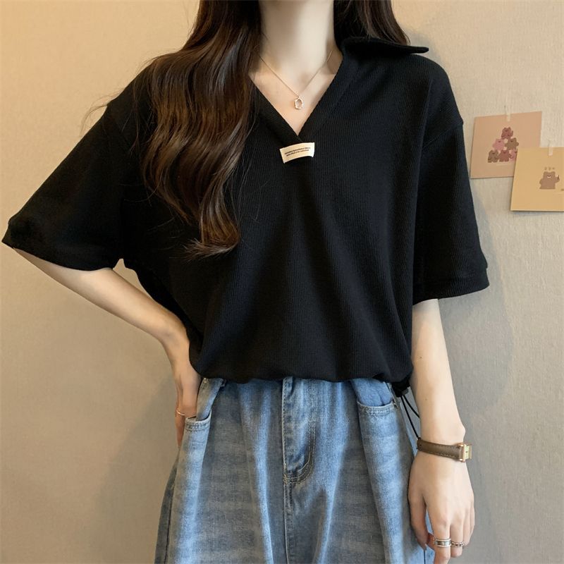 カットソー 上品ゆったり襟付きVネックプルオーバー