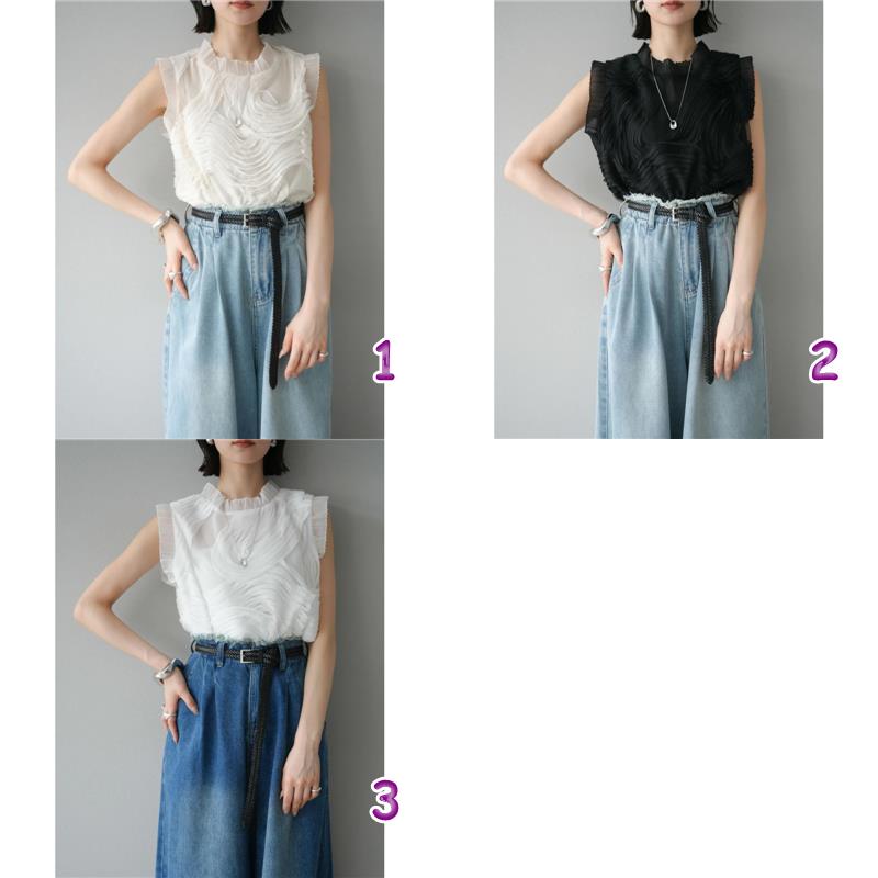 カットソー フリル襟 シアー半袖トップス 全3色