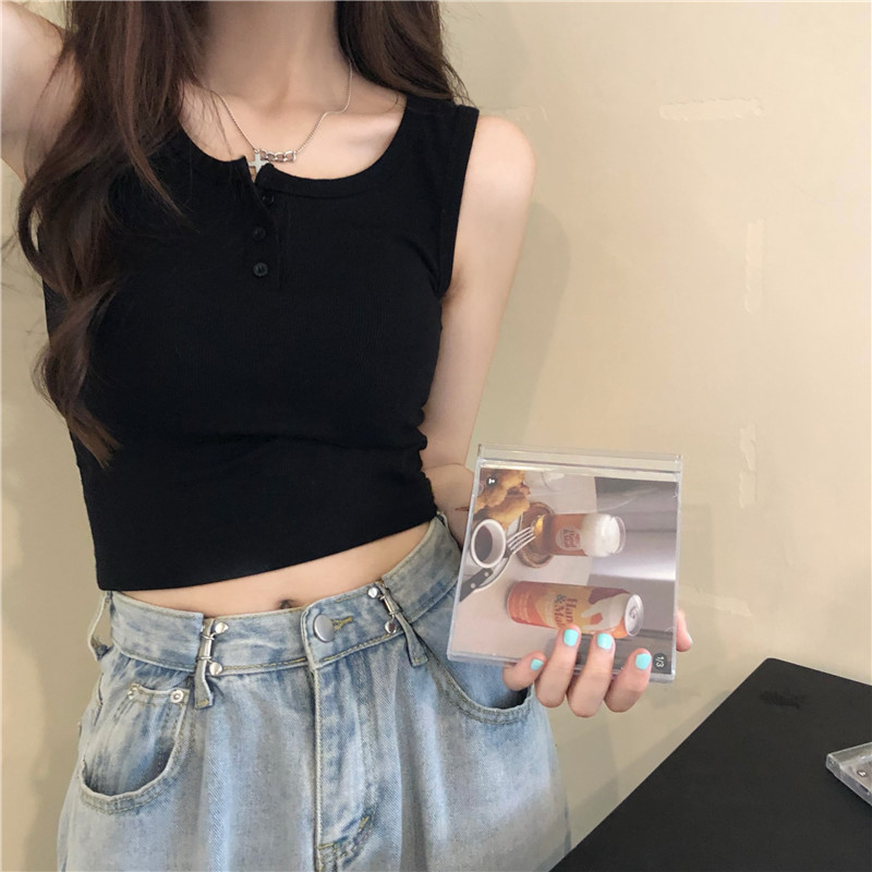 カットソー シンプル前開きノースリーブカットソー