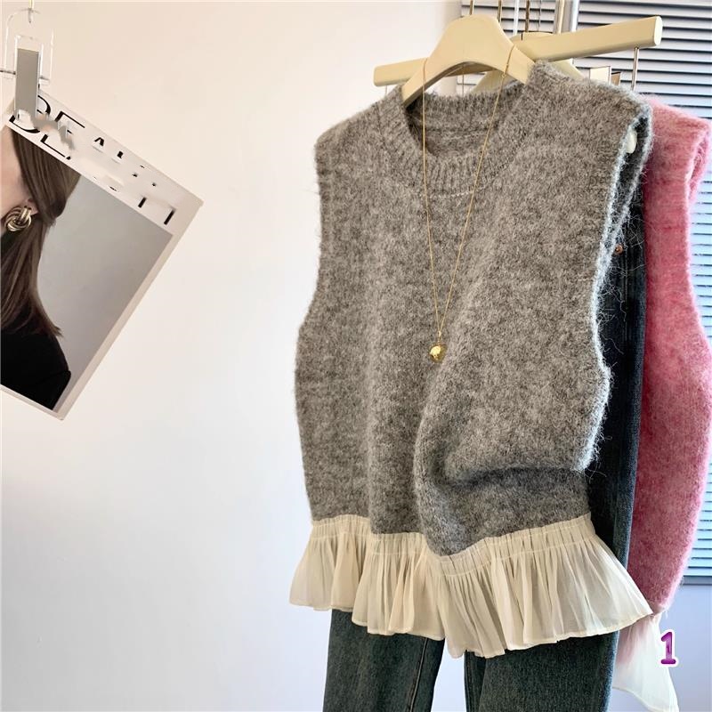 カットソー 韓国風ニットベスト ノースリーブ フリル裾 レディース