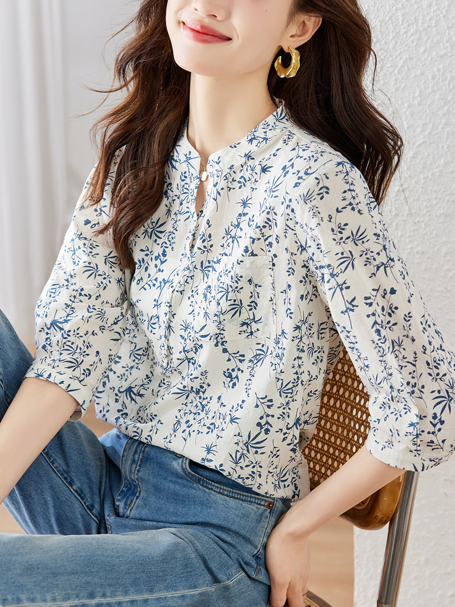 カットソー 草花模様 スキッパー半袖ブラウス