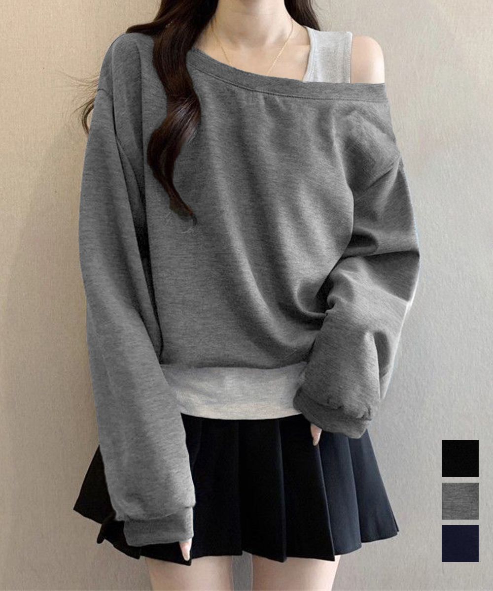 カットソー レイヤード風ボートネック肩見せスウェット