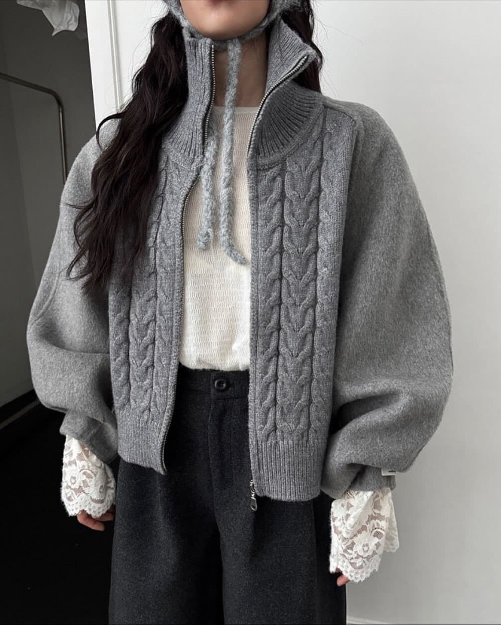 カットソー ケーブル編みハイネックニットカーディガン