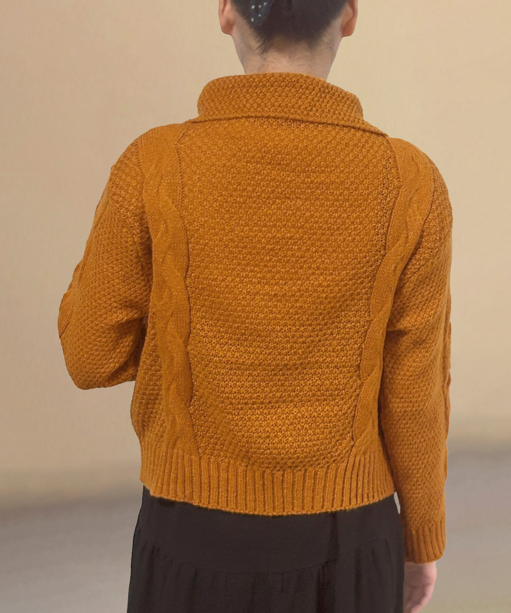 カットソー 長袖ケーブル編みニットカーディガン大きめ襟