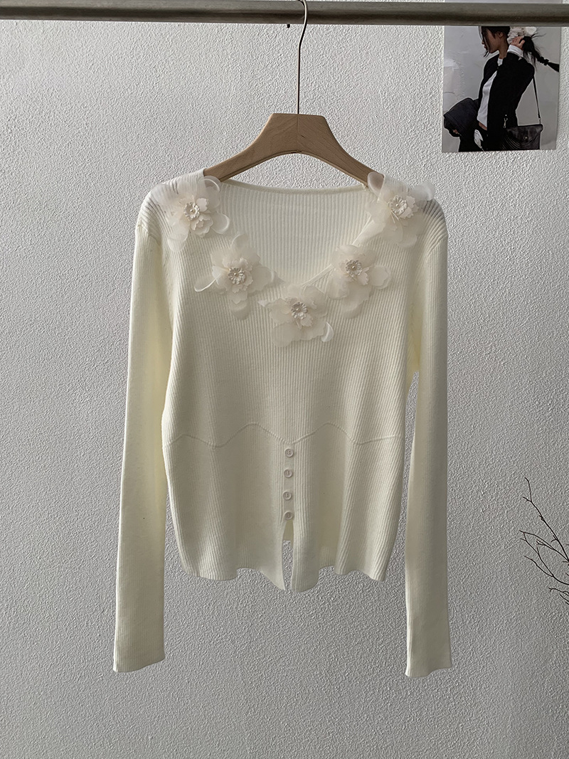 カットソー 花装飾長袖ニットセーター韓国風レディース２色