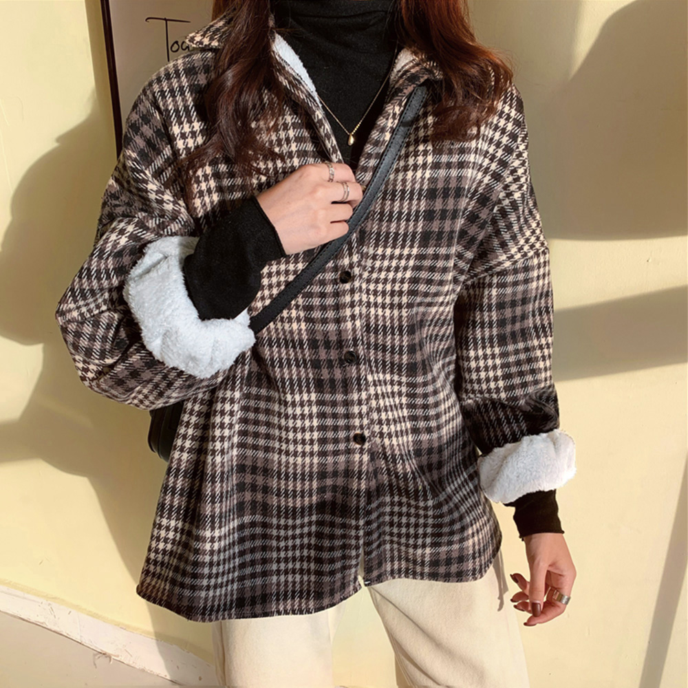 カットソー 長袖チェック柄裏起毛シャツジャケット秋冬