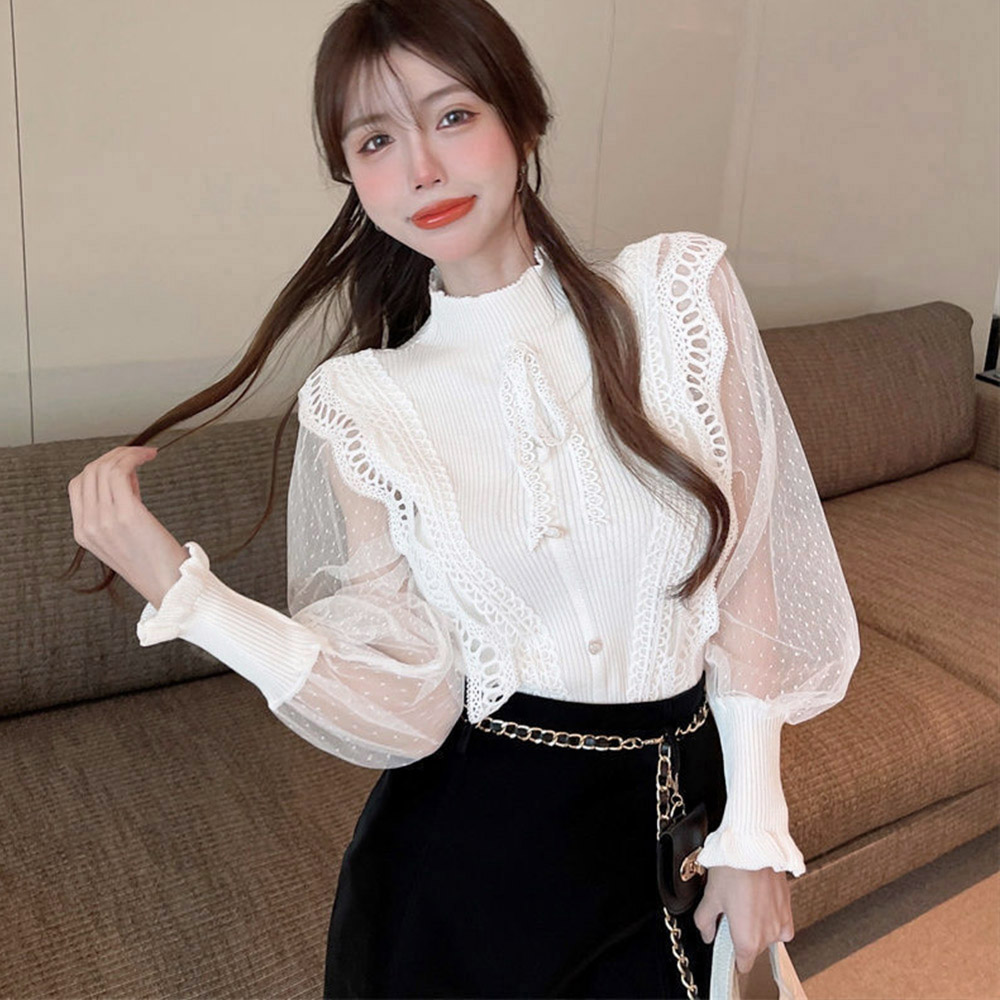 カットソー ハイネック透け感袖異素材切り替えブラウス